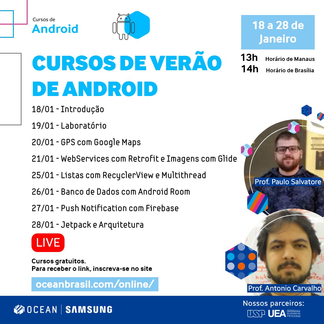 Convênio entre a USP e a Samsung oferece cursos gratuitos de verão em desenvolvimento Android. 

O espaço Ocean, que fica na Poli, está com uma programação totalmente online.
ow.ly/3DEr50D1m1v