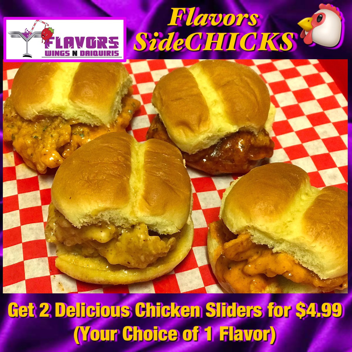 FlavorsWingDaq's tweet image. AVAILABLE 1/7/2021
  🟣🟡Flavors SideCHICKS
Get 2 delicious chicken sliders in any 1 of Flavors Sauces ￼topped w/ crunchy sandwich pickles- $4.99 + Tax
Flavors Wings N Daiquiris 
5005 S. Cooper St. #175 
Arlington, TX
☎️817-583-6517
flavorswingsndaiquiris.com
#SideChicks #Sliders