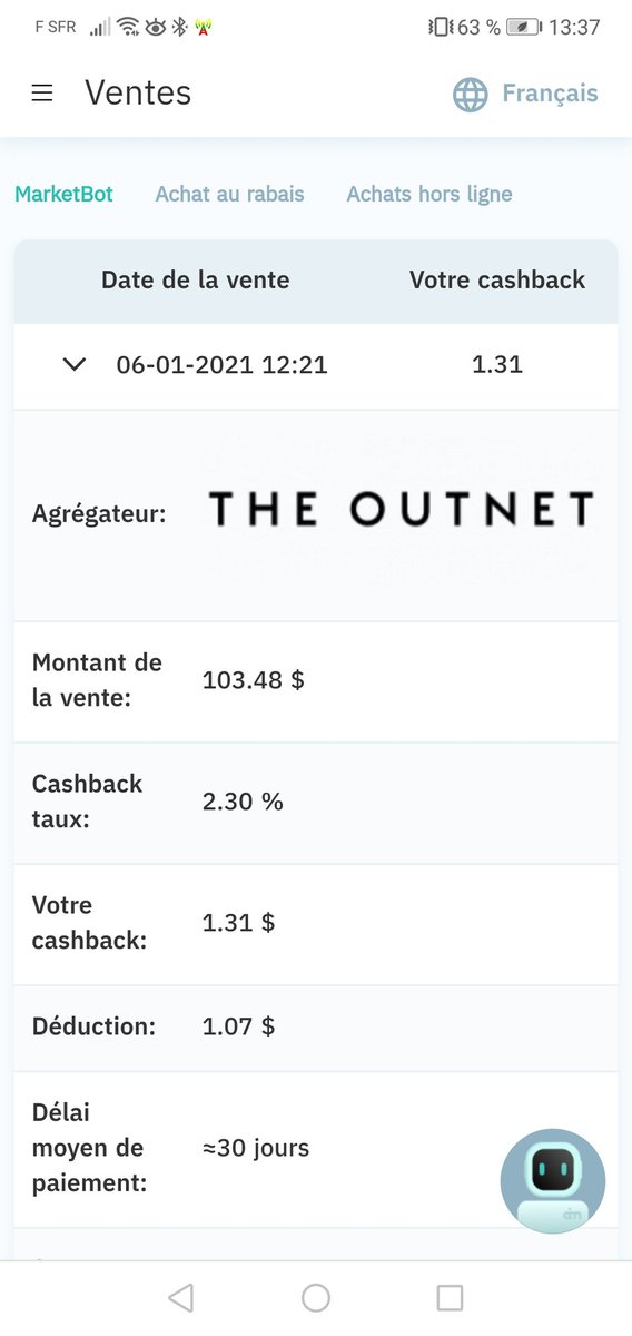 CashbackJob's tweet image. Hello! La 1ère #vente par mon Robot m'apportera 1.31$ de #cashback dans 30 jours. #Theoutnet le site dans lequel a eu la vente. Est-ce que tu veux que le Robot bosse pour toi ? Le lien est sur le profil. #parisienne #janvier #france #investissement #marketing #publicité #BonPlan
