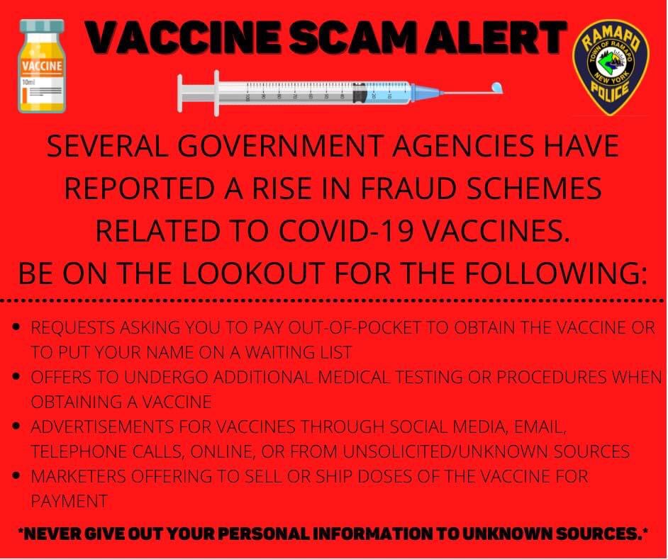 Ramapo_PD's tweet photo. Vaccine Scam Alert https://t.co/CxAkLkaBi7