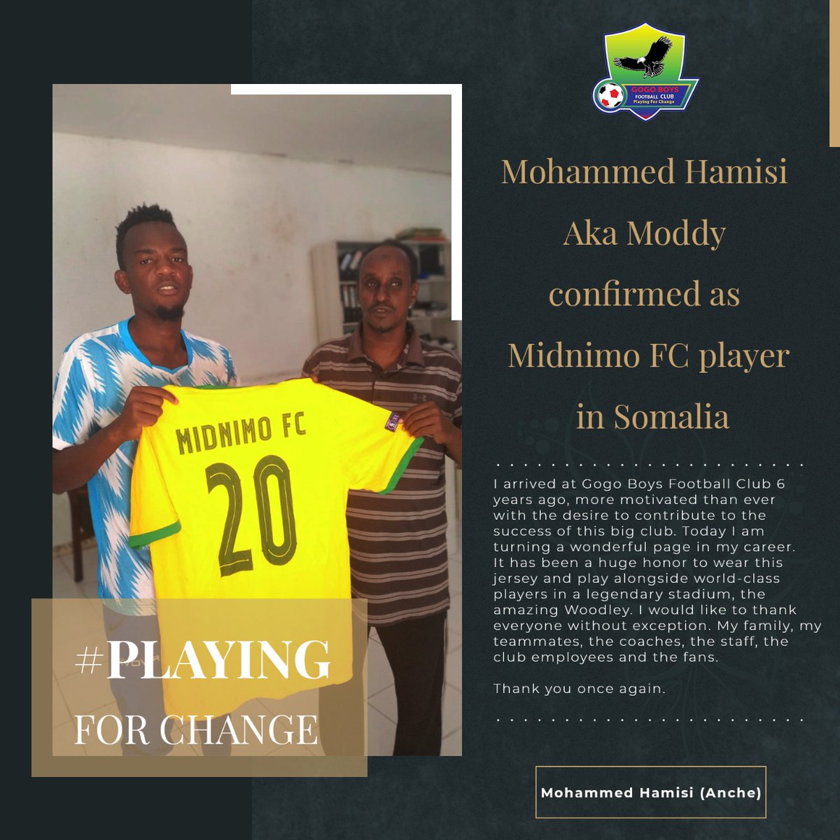 Gogo_Boys_FC's tweet photo. As Gogo boys FC, we wish Mohammed Moddy all the best in his new challenge.. Indeed playing for change...
#IamGogo๐ฆ
๐ฆ
https://t.co/R4NKitFtnK