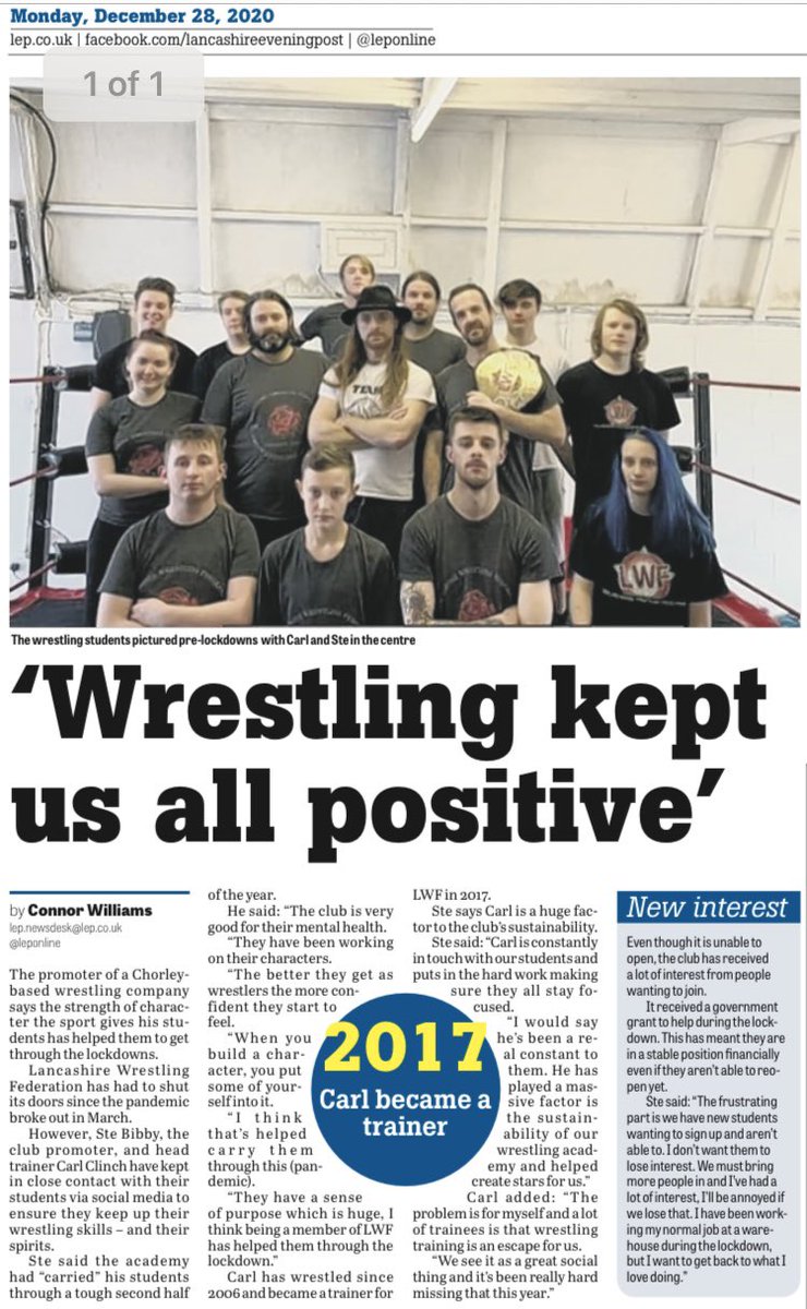 LwfTraining's tweet photo. A recent article by Connor Williams for the Lancashire Evening Post. We all miss wrestling dearly right now, but we will be back and better than ever! #wrestling #wrestlingtraining #wrestlingschool #Lancashire #Chorley #Westhoughton https://t.co/XSRpcsLnOV