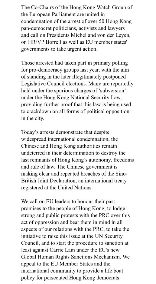 5  @Europarl_EN members ask  @eucopresident  @vonderleyen  @JosepBorrellF to take urgent action on Hong Kong, incl • raising issue at UN Security Council• sanctioning “at least” Carrie Lam• providing lifeboat to persecuted democrats on member-state level #ReportingNotEndorsing