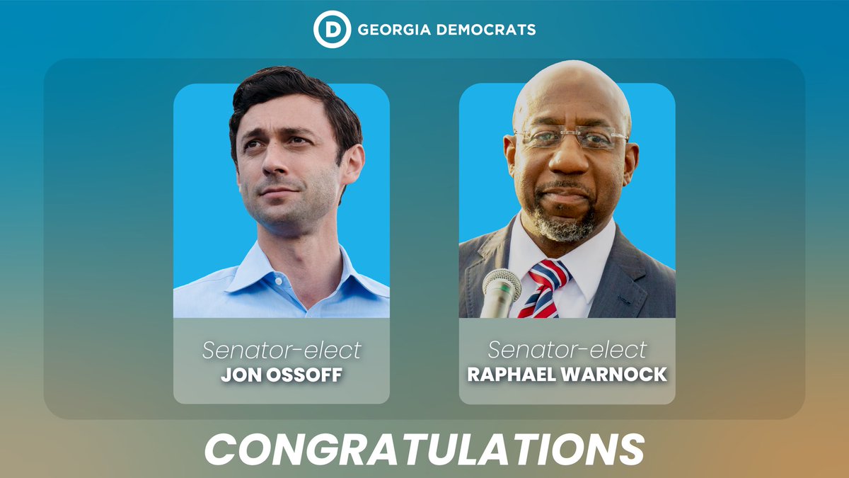 GeorgiaDemocrat's tweet photo. You did it! You elected the next Senators from Georgia, @ReverendWarnock and Jon @ossoff. A new blue Georgia is here, and it's here to stay. #gasen https://t.co/1CgDhQW0u5