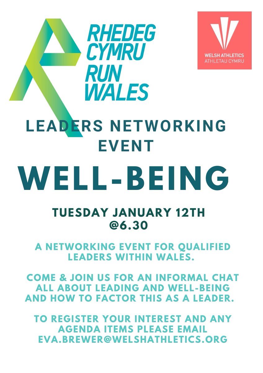RunWales's tweet photo. Exciting news, our next Run Leader Networking event is on 12th January at 6.30pm. Come along and have a chat, we're focusing on Run Leader well-being. https://t.co/L7bEgvOzmg