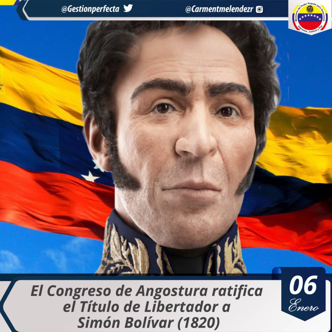 gestionperfecta's tweet photo. #06Ene Un día como hoy hace 201 años, el Congreso de Angostura ratifica el título de Libertador a nuestro padre de la patria Simón Bolívar. Un gran reconocimiento por conquistar la independencia latinoamericana. Viva Bolívar! #ANPatriota https://t.co/aZoxJ1iyi4