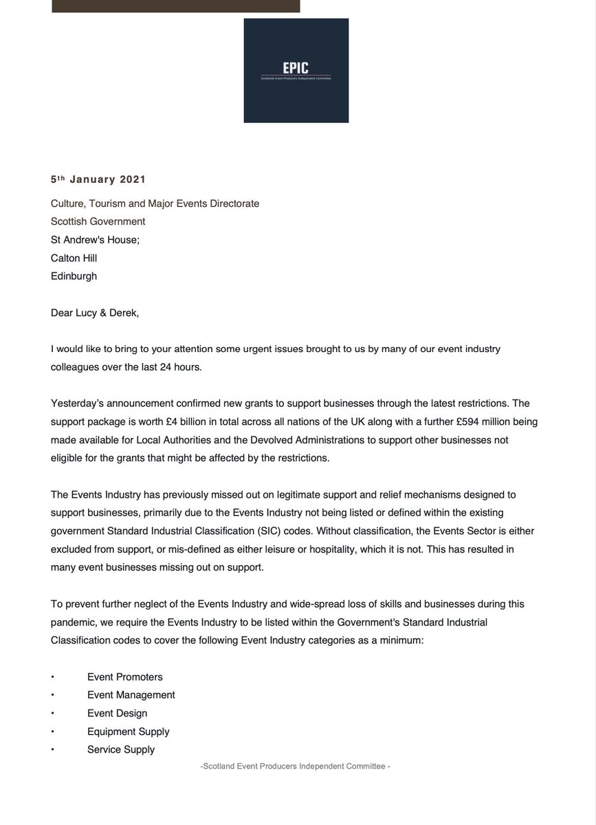ScotlandEPIC's tweet photo. Last night we wrote to the Scottish Government policy makers to highlight the critical gap the Scottish Events Industry is currently facing when applying for local authority lockdown grants. 

Please share so we can be heard

#wemakeevents #eventprofs #scotland #event https://t.co/wef0749u36