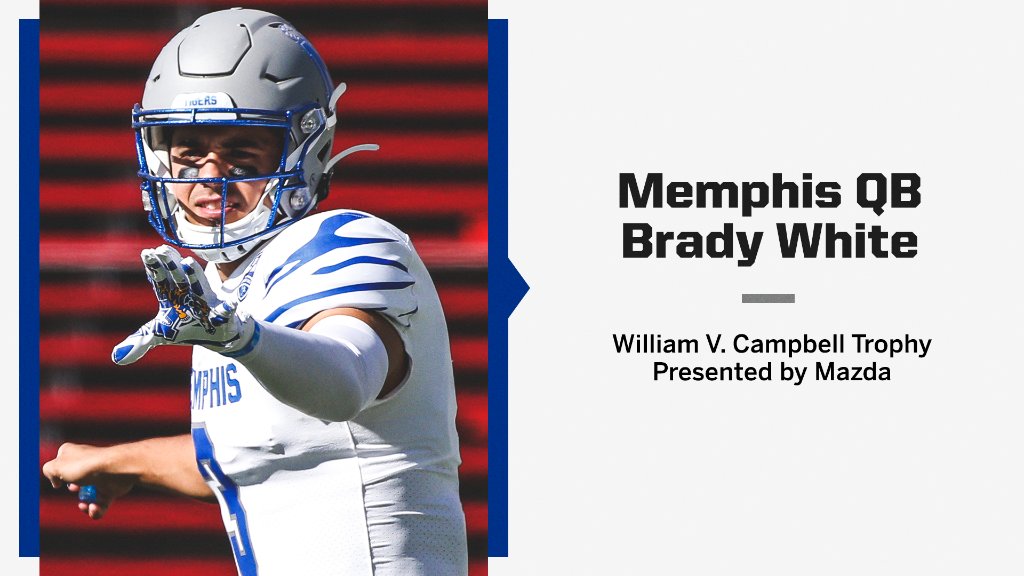 ESPNCFB's tweet photo. Memphis QB Brady White has been named the recipient of the William V. Campbell Trophy 🏆 

White completed his undergraduate degree and Master's degree and is currently pursuing a Doctorate. https://t.co/kpccTBkiAy