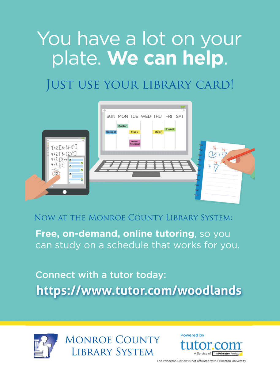 mymcls's tweet image. The Monroe County Library System is pleased to offer access to Tutor.com!  Connect with a tutor, submit a paper for review, get help with your next test, or prepare for an interview.  Use your library card to get started at tutor.com/woodlands