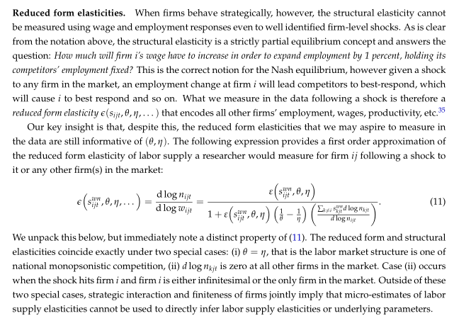 Important post-script: as per Berger, Herkenhoff, and  @Simon_Mongey, even well-identified estimates of reduced-form elasticities =/= the *structural* elasticity that firms face! They show how one might map reduced-form estimates -> structural elasticities  https://www.nber.org/papers/w25719&nbsp;