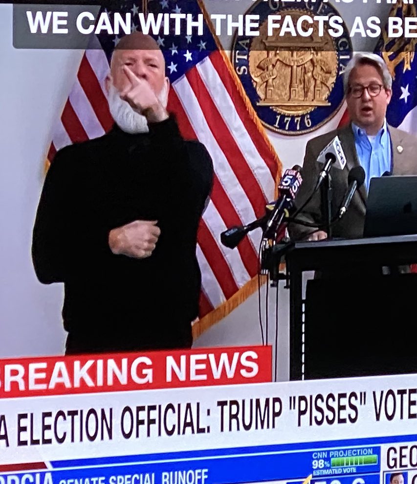 jakemchristense's tweet photo. Didn’t realize that John Malkovich moonlighted as an ASL interpreter. #MAGAIsCancelled #GARunnoff https://t.co/AZJxhK9t4a