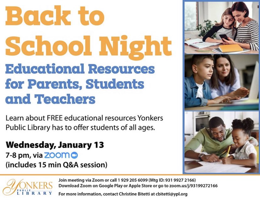 school9pride's tweet image. Attention School 9 community! Wednesday, 1/13 from 7-8pm, join us for an informational Zoom meeting on the FREE educational resources The #yonkerspubliclibrary has to offer! #Yonkerspublicschools #School9
@DocAndiC
@YonkersSchools
@quezada1229 @RcollinsJudon 
@MayorMikeSpano