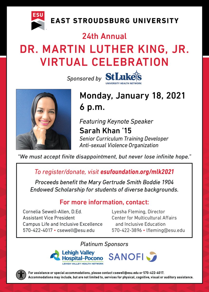ESU's 24th Annual MLK Celebration will be held virtually on Monday, January  18 at 6 p.m. To register/donate visit esufoundation.org/mlk2021