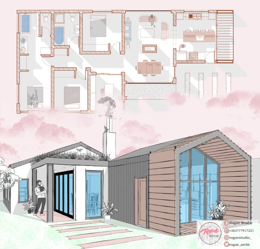 Illustration for a three bedroomed house in Dangamvura, Mutare. Contact us for: 
*Residential Architecture Designs *Interior Design      
*Commercial Plans *Landscape Architecture *Boundary Instagram @roguestudio_ I WhatsApp - +263777917221
#architecture #architect #construction