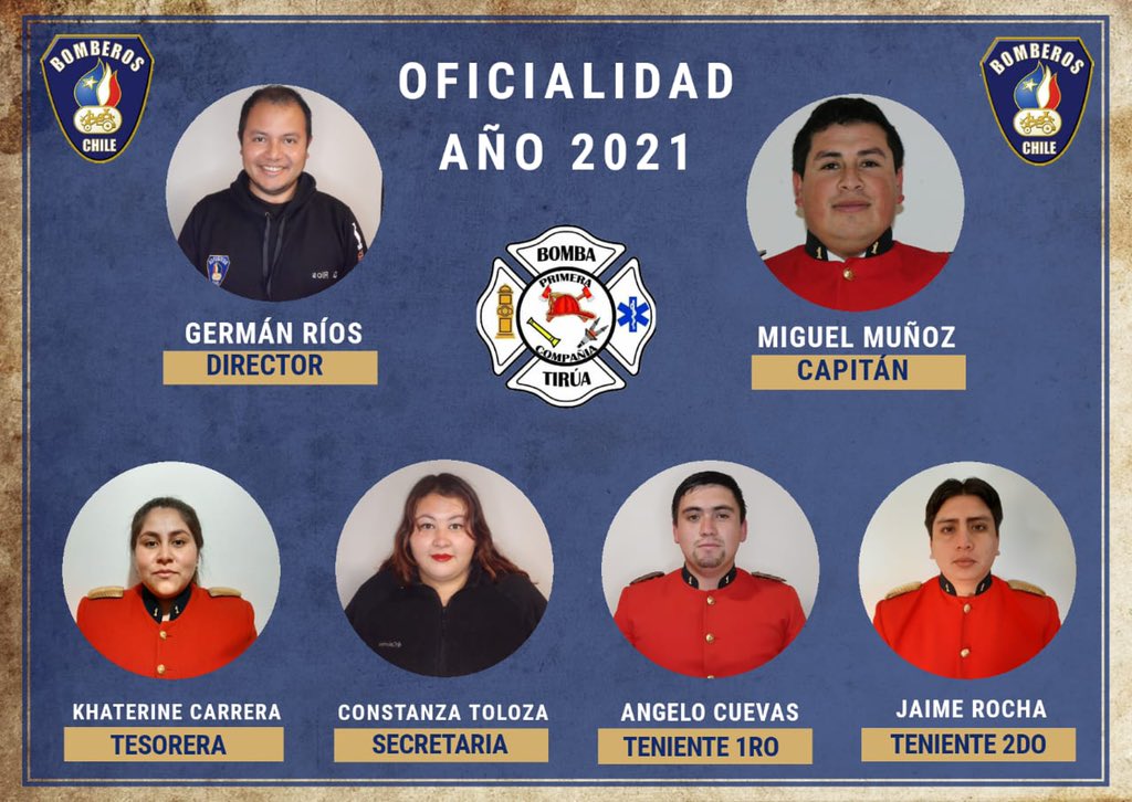 PrimeraTirua's tweet photo. Compartimos con ustedes, nuestra oficialidad perteneciente al perido 2021.

Como primera Compañía, les deseamos mucho éxito en este perido 2021.👨‍🚒👩‍🚒🚒
#Bomberos #BomberosDeChile #Voluntarios #Oficiales2021 #BomberosChicosBuenos https://t.co/oGKMETyzZV