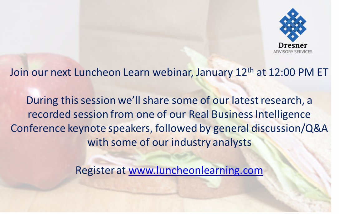 howarddresner's tweet photo. Join us next Tuesday at 12:00 PM ET for our latest Luncheon Learning free education session. Our topic next week will be data literacy. Register at https://t.co/ldClTyZrpD
#webinar #analytics #businessintelligence #education #dataliteracy #datascience #LuncheonLearning #BIWisdom https://t.co/uobcJUo4t1