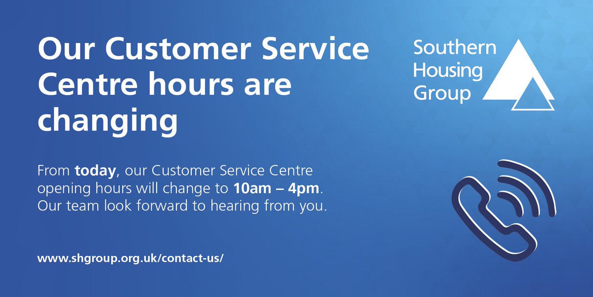 SouthernHsg_UK's tweet photo. Throughout the new national lockdown, our Customer Service Centre will be open from 10am to 4pm, Monday to Friday.
For urgent assistance outside of these hours, please use our emergency repairs line: https://t.co/2pZS7PFU4b
#SHGTeam #SHGCommunity https://t.co/KS9xdIV1iE