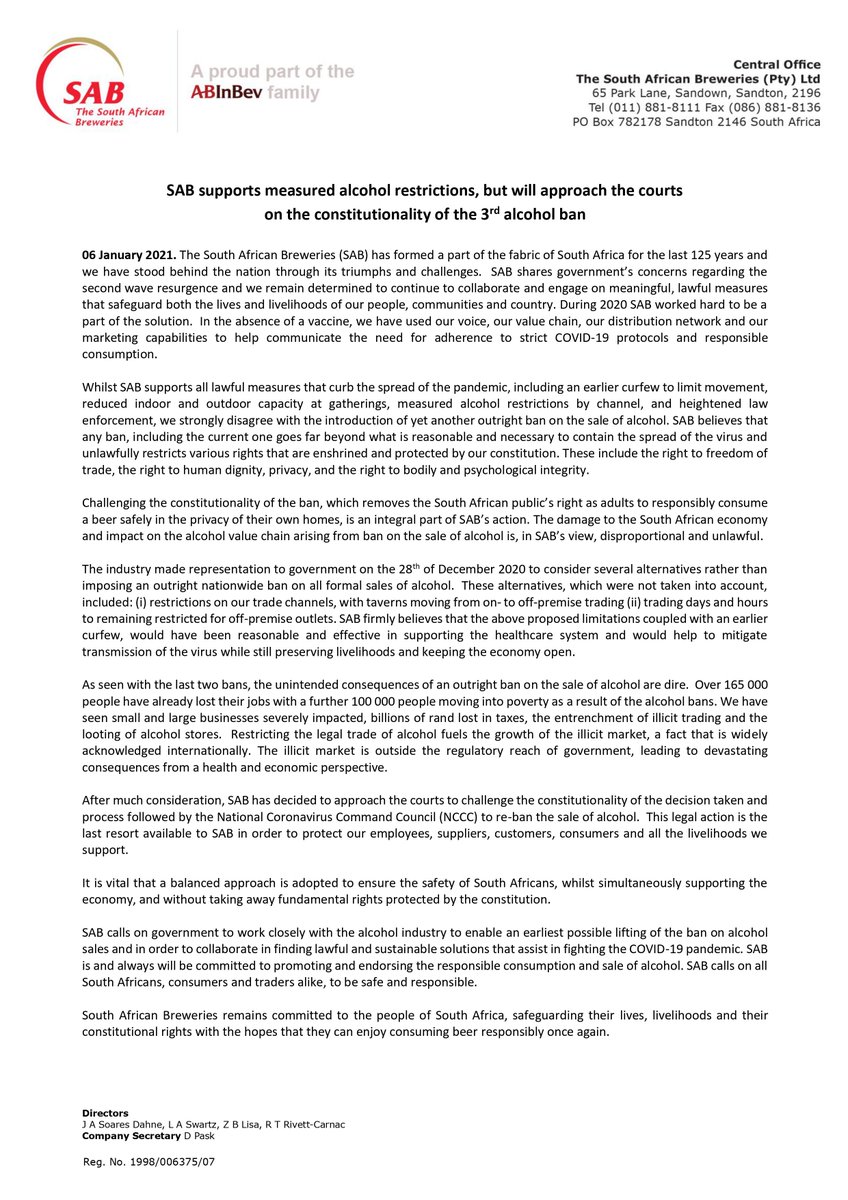 SABreweries's tweet photo. SAB has formed part of the fabric of SA for the last 125 years &amp; we've stood behind the nation through its triumphs &amp; challenges. After much consideration,SAB has decided to approach the Courts to challenge the Constitutionality of the decision taken to re-ban the sale of alcohol https://t.co/40rWpJSW5b