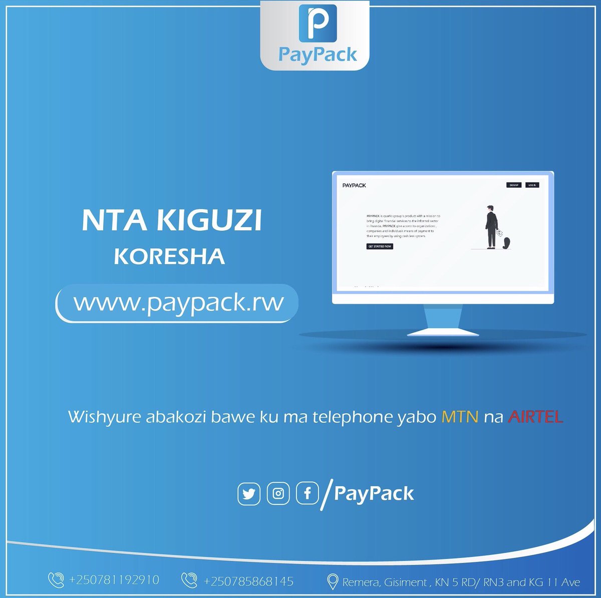 paypack_rw's tweet photo. Irinde #Covid19 ukoresha #PayPack mu kwishyura abakozi bawe.
Biroroshye kandi birihuta.
kanda👉 https://t.co/atxa1aBzjO
#cashless
#bulkpayments https://t.co/3fhAxAnYF9