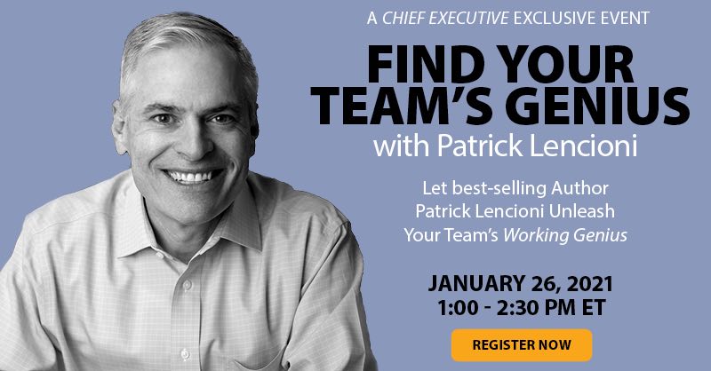 Join me for a @ChiefExecGrp virtual event about my latest model: The Six Types of Working Genius. Learn more and sign up: chiefexecutive.net/teamgenius/#a_…