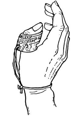 決 *kʷeːd (jué): wearing a thumb ring on the right hand