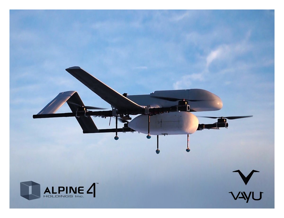 alpine4holdings's tweet photo. $ALPP Meet Vayu’s Newest Autonomous VTOL Delivery Drone: G2
Payload: 45 pounds
Range: 620 miles
Flight time: 10 hours
Max speed: 111 MPH
Adaptable/removable payload pod 

Congratulations to Vayu’s Daniel Pepper and his entire team for their incredible work on the G2! https://t.co/BR2TuATuXx