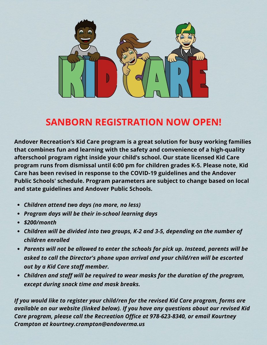 AndoverRecDept's tweet photo. Sanborn Kid Care Registration Now Open! https://t.co/8YbwqmHjix