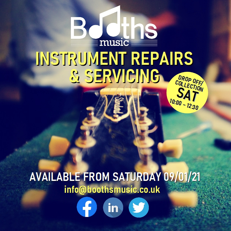 BoothsMusic's tweet photo. Although the shop is unable to open right now, a repair drop off and collection service will be offered on Saturdays between 10:00 and 12:30. #musicshop #music #musicrepairs #instrumentrepairs #guitarsetup #instrumentservicing #bolton #shoplocal #SupportSmallBusiness https://t.co/x3GR8Uhi8M