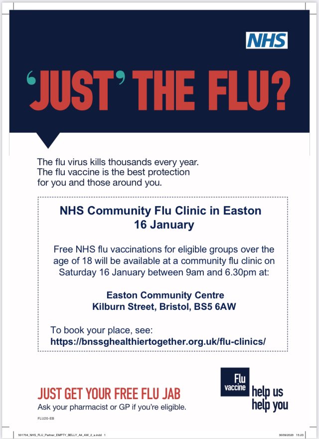 Pop-up flu vaccine clinic in the heart of Bristol communities affected by health inequalities. Please share &amp; promote, it will help to ease pressures off our hospitals by preventing admissions. To book, visit bnssghealthiertogether.org.uk/flu-clinics/ <a href="/ewanc1/">Ewan Cameron</a> @adamalih <a href="/adewilliamsnhs/">Ade Williams</a> @upourstreet