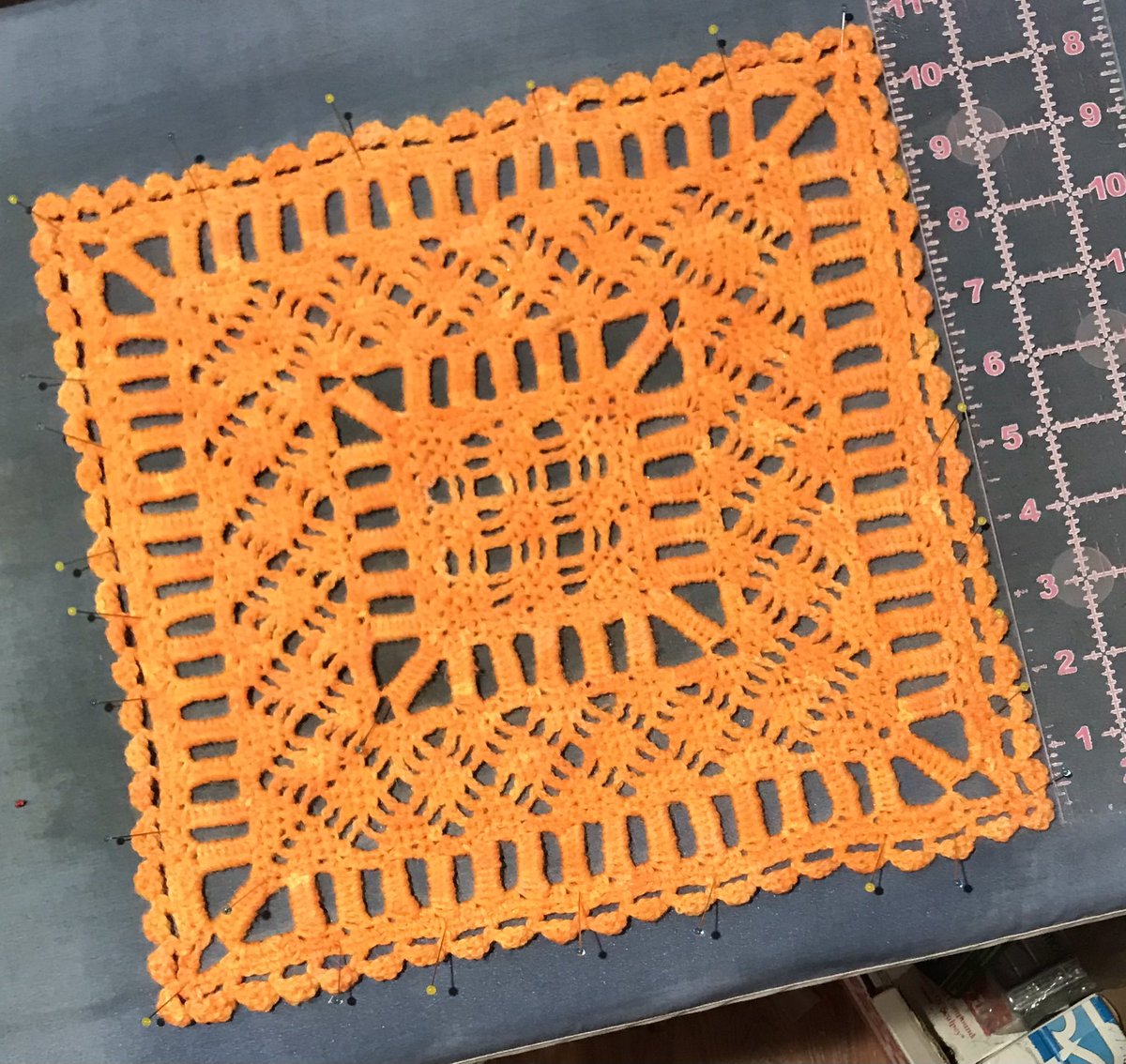 textilefusion's tweet photo. This week I’m proof-crocheting the Garden Path Doily design—here it is, done in sock yarn, being blocked. Hope to have the pattern up for sale on Ravelry by the end of the month.🧡
#Doily #CrochetDoily #DoilyPattern #DoilyAdventure https://t.co/DXVVwFgYWF