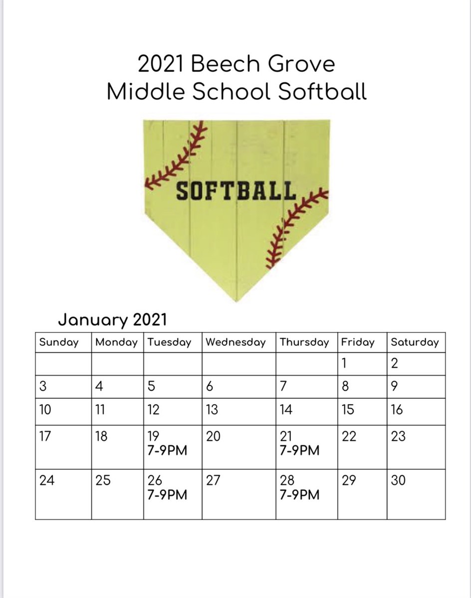 BGSouthGrove's tweet photo. Attention 6th grade girls! Softball conditioning/workouts will start January 19th from 7pm-9pm. Here is the schedule for January-February. You can see when tryouts are as well. Email Coach Chelsea Hersley at chersley@bgcs.k12.in.us with any questions or concerns! #sgisbg 🥎🏅 https://t.co/mYq8VjBNZy