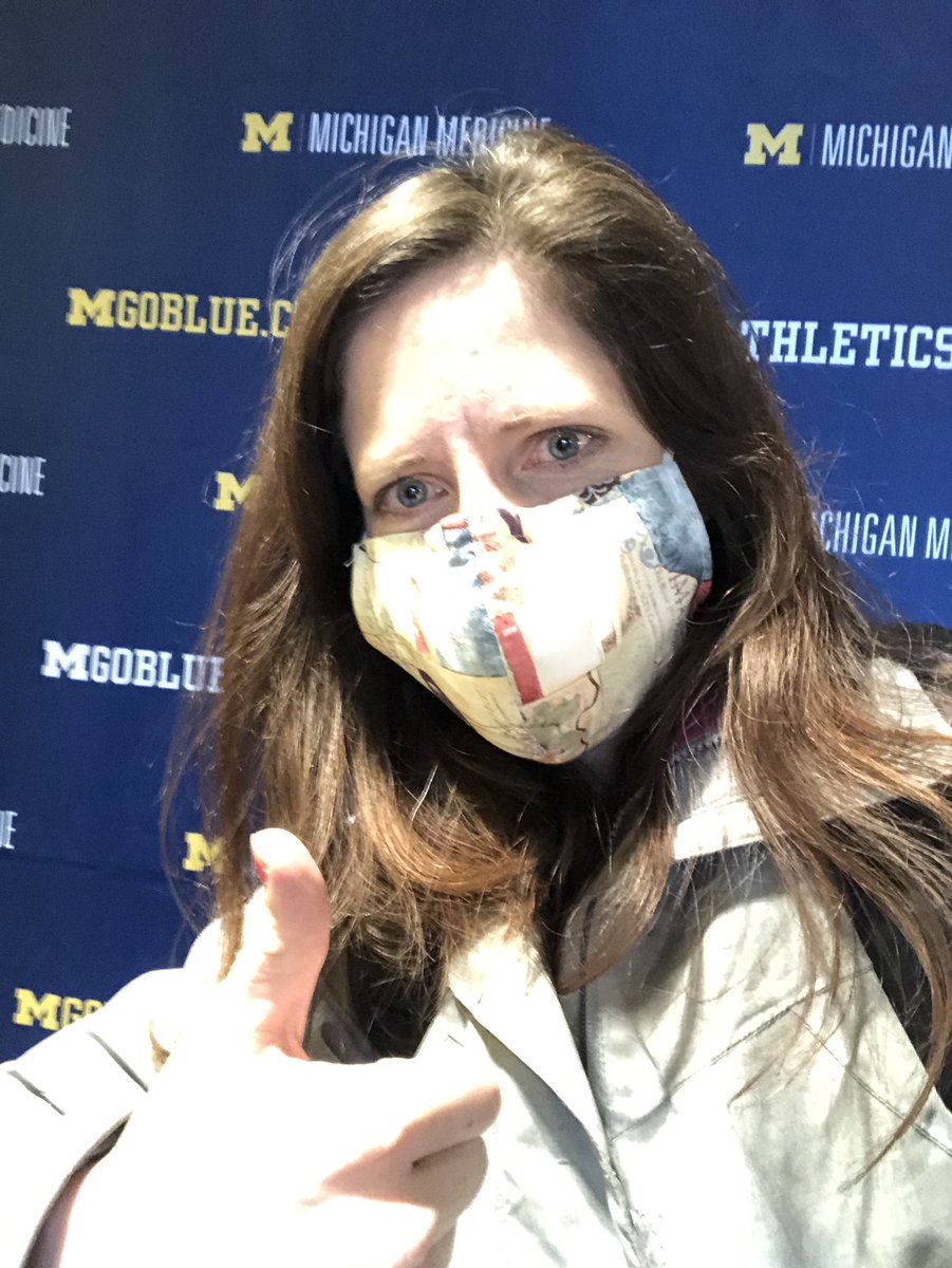 MegVoda's tweet photo. I got vaccinated this morning! Thank you frontline workers! And thank you to the scientists that have worked to develop the COVID19 vaccine and treatments! #GoBlue #HailtotheFrontline #notgoodatselfies https://t.co/Mrd8YueFni