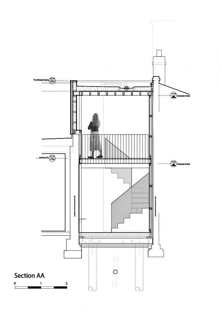 Program:Bikin rumah dua lantai yang memenuhi kebutuhan working-living dan punya bukaan gede-gede supaya ruangannya banjir cahaya.Nggak cuma di jendela fasad, rumah ini juga pake skylight di atas tangga.