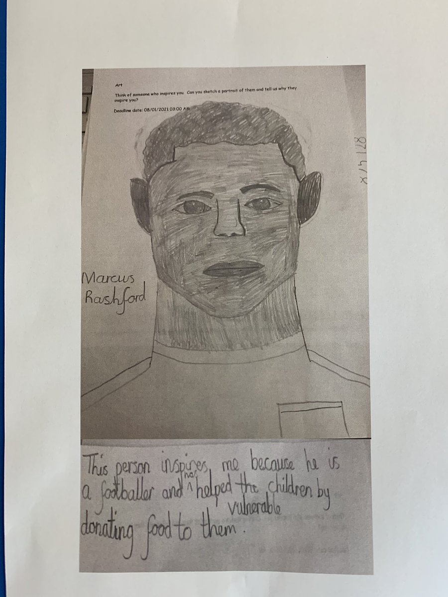 mrataylor2020's tweet photo. @MarcusRashford An E-Learning submission from a child at our school. The task was to: “Draw a portrait of someone who inspires you and tell us why they inspire you.”

You’re a great role model to the young people, keep setting a good example. ⚽️ 🖼 ✏️ https://t.co/cbmc9h1m27
