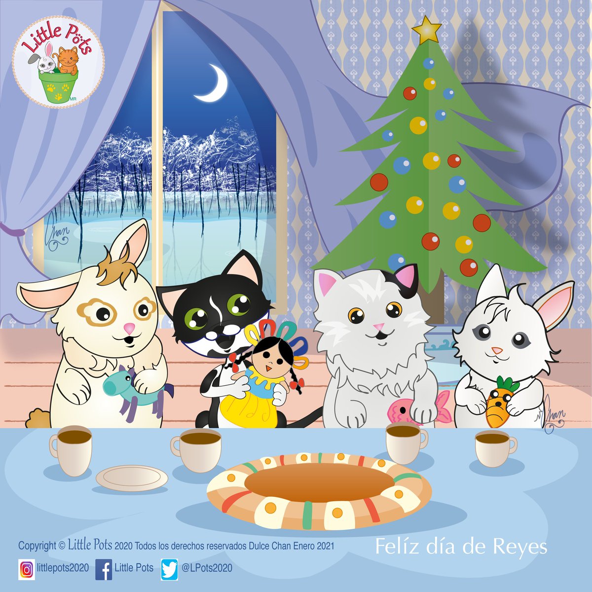 LPots2020's tweet photo. Es día de reyes y los Pots más pequeños han recibido con emoción sus regalos.
Ahora disfrutarán su chocolatito caliente y su rosca especial con cremita espumosa de coco.
.
.
#LittlePots #diadereyes #comicartist #catsoftheworld #bunnylove #kawaiidrawing #animles #gatos #conejos https://t.co/BmLlWYwHPW