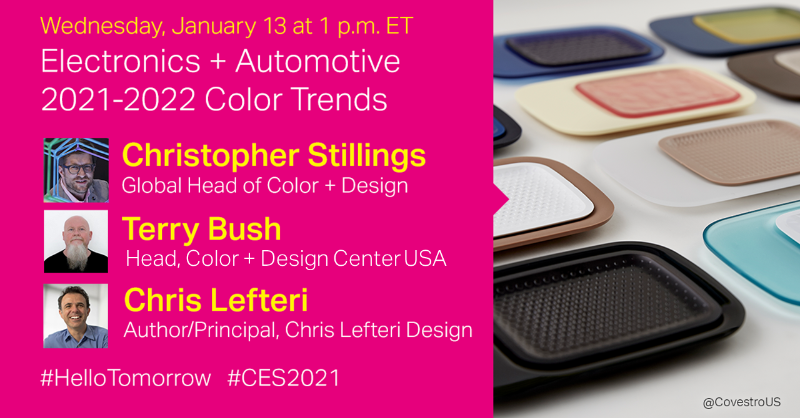 CovestroUS's tweet photo. Say hello....to our team of world-class #color and #design experts @CES. We're pushing boundaries on what can be achieved with our high quality, tunable #polycarbonate ​🌈

Join us during #CES2021 to learn more! #HelloTomorrow