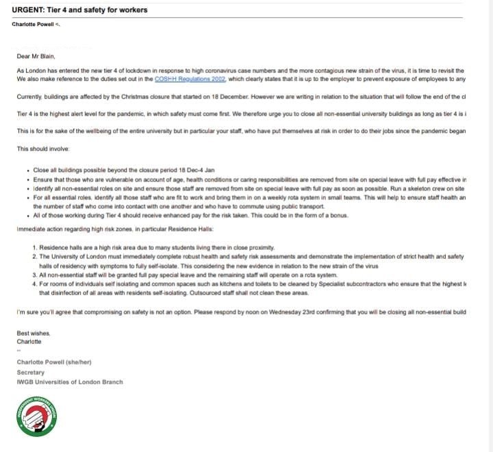 On 21 December  @IWGBUoL’s branch chair wrote to  @ucl demanding the closure of non-essential buildings beyond the Christmas closure so that all non-essential workers were sent home, this to prevent the exposure of hundreds of workers.  @uclnews simply ignored our demands [thread]