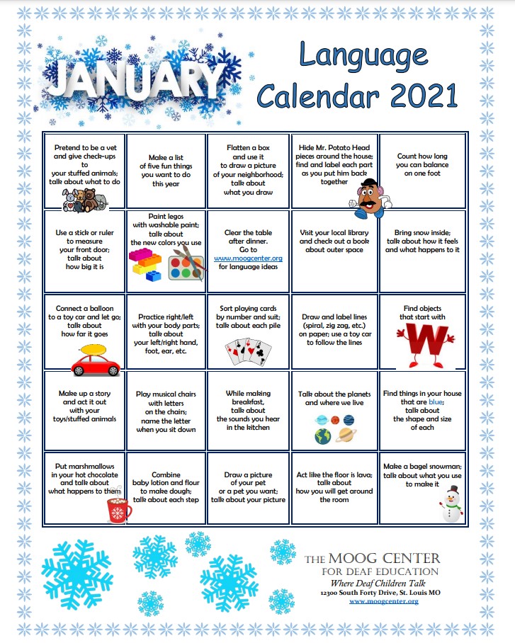MoogCenter's tweet photo. Happy New Year; happy new month! Our January #LanguageCalendar is filled with a variety of language-enriching games and activities for you and your child.
— #winterfun #languagefun #listeningandspokenlanguage
#deafeducation #teacherofthedeaf #deafedteacher #slp #learnathome https://t.co/GcEsI2wZRi