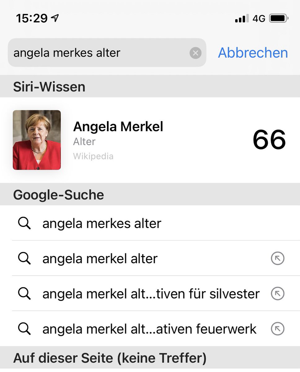 ArturKosch's tweet photo. Apple beantwortet einfache Fragen schon länger beim iPhone direkt im Safari-Browser, ohne Umwege über Google.
Beispiele:
"Dr. Dre" = News wegen aktuellem Ereignis.
"Angela Merkel Alter" = Direktantwort der Frage.
"Lakers" = Spielergebnis des letzten Spiels.
#AppleSearch https://t.co/f0nNA6Vx0F