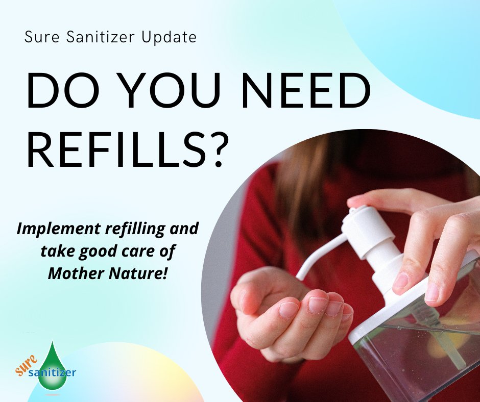 SureSanitizer's tweet photo. By refilling your home with hand sanitizers, you can cut down on waste by a significant degree. Many people are unaware that most recyclable bottles and packages don’t get processed in the United States. https://t.co/qA00rM2n2C