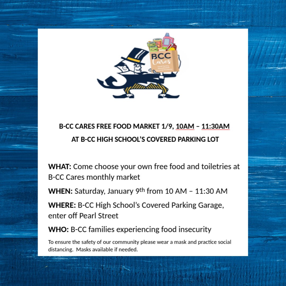 B-CC Counseling (@counseling_bcc) on Twitter photo If your family needs some food or toiletries, please come to the B-CC Cares Free Food Market! See flyer for details. If your family needs some food or toiletries, please come to the B-CC Cares Free Food Market! See flyer for details.