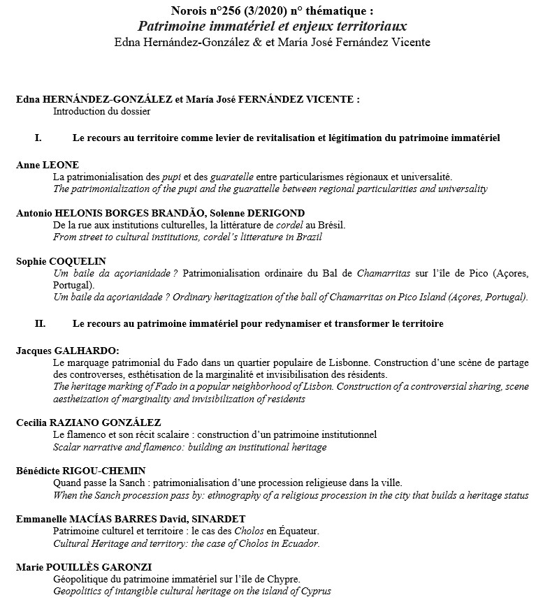Sous Presse Norois n° 256, un n° thématique coordonné par Edna Hernández-González &amp; et María José Fernández Vicente (<a href="/UBO_UnivBrest/">UBO - Univ. Brest</a> ) : Patrimoine immatériel et enjeux territoriaux
#Cyprus #Ecuador #flamenco #fado #Portugal #Brazil