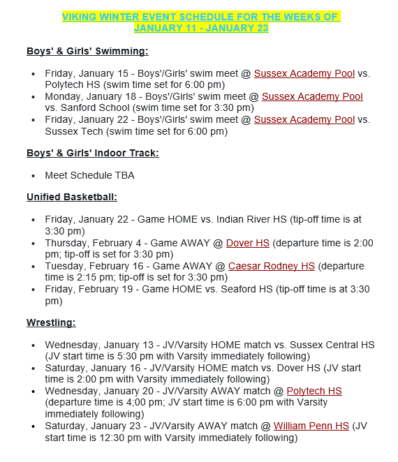 Hello Cape fans and happy New Year!!!  Here are your winter athletic events for the weeks of January 11 - January 23.  They are also listed on the front of the athletics website.  

#CapeProud