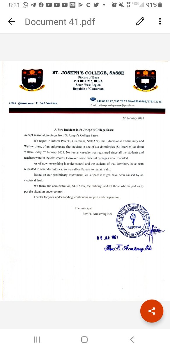 innochia's tweet photo. The admin of St Joseph's College, Sasse, has reassured parents of students that it is well, in spite consuming fire eating up St Martin's dormitory. In statement, #FrArmstrongNdi indicated no loss of life, &amp; suspected electrical fault, though no electrical engineer was cited. https://t.co/Ows7eivBsj