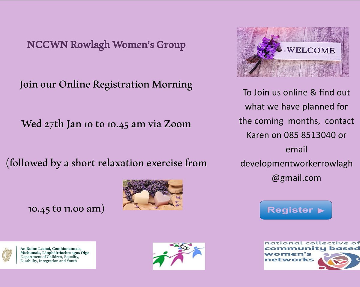 wciliffeyvalley's tweet photo. Spread the word! We'd love to have you join us!
Online Registration Morning
Wed 27th Jan at 10am via Zoom with a little relaxing treat for you at the end 💜
Make YOU and your wellbeing a priority in 2021! 💜
#nccwnrowlagh #nccwn #onlineregistration #womensgroup #womensevents https://t.co/iXJThIJsbN
