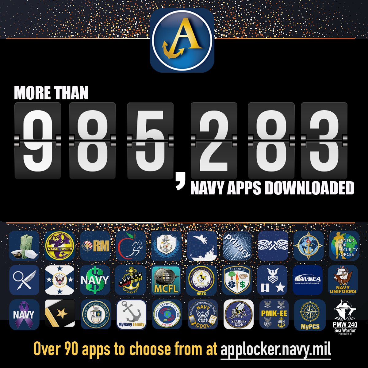 The Navy's Sea Warrior Program has created more than 28 mobile apps with more than 985,000 user downloads since 2015, when our first app, eDIVO was released. Check out the Navy App Locker (NAL) at applocker.navy.mil where all official U.S. Navy apps are stored.