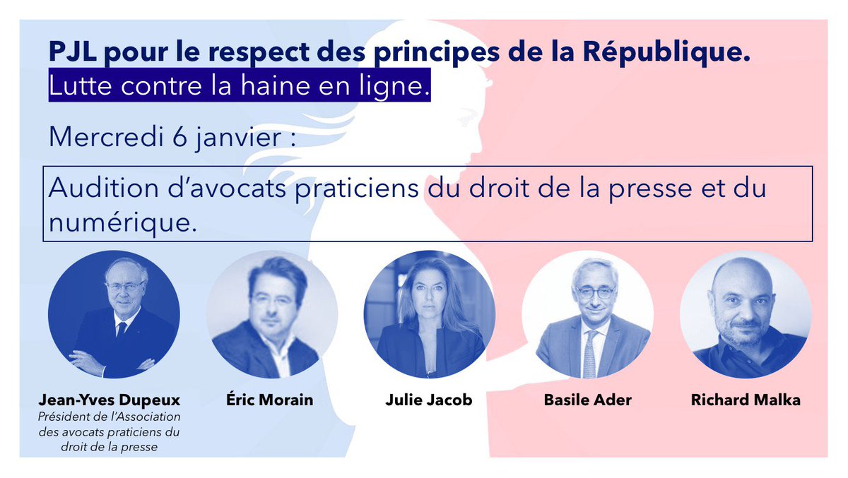 #PJLPrincipesrepublicains et lutte contre la #haineenligne.
Nous auditionnons aujourd'hui des avocats praticiens du droit de la presse et du numérique. Merci pour ces retours d’expérience et contributions!