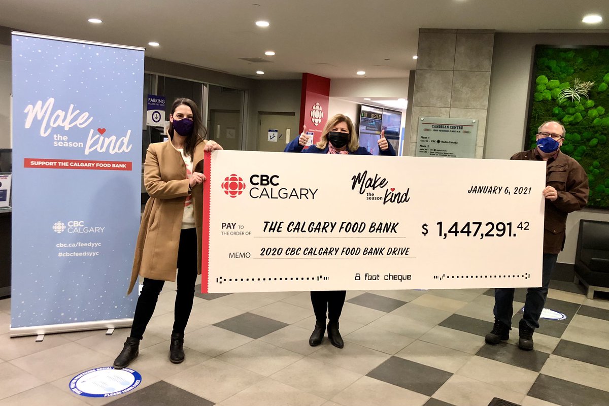 CBCCalgary's tweet photo. It’s time for the big reveal! We’re beyond thrilled to announce we surpassed our #CBCFeedsYYC goal of $1M to the @CalgaryFoodBank with a total of $1,447,291.42! Thank you to everyone who supported us during a year when we needed you most. We’re so grateful for our #YYC community. https://t.co/OpBSliBkA8