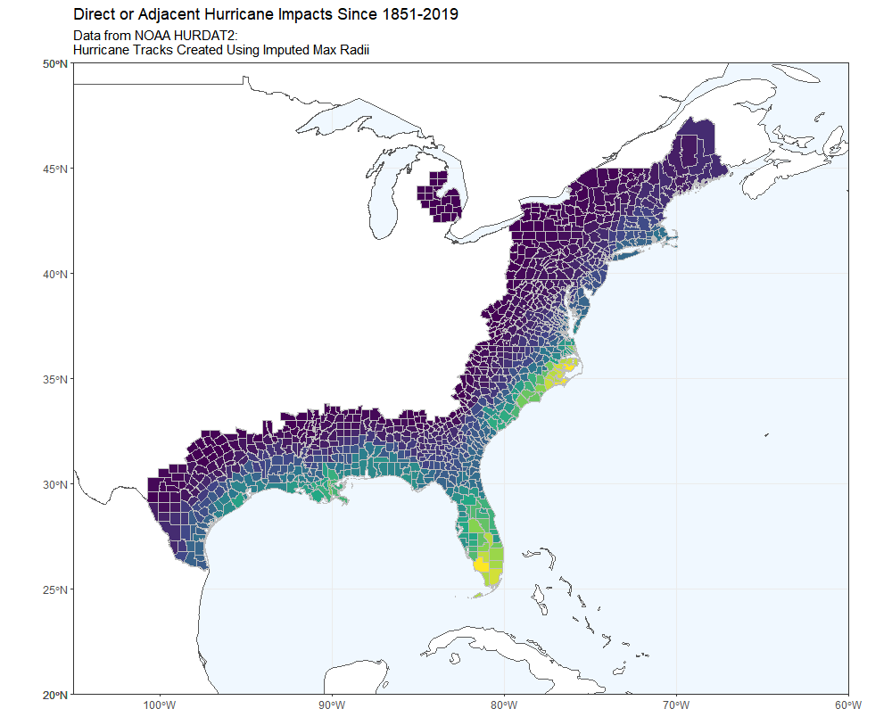 k6adams's tweet photo. First #rayshader map. @tylermorganwall thank you! Dreaming 💭 of a day where I could make this into an #leaflet / #googleearth style interactive map, and place it in a #rmarkdown document. #RStats #NOAA #HURDAT https://t.co/NP6AAUYKh4