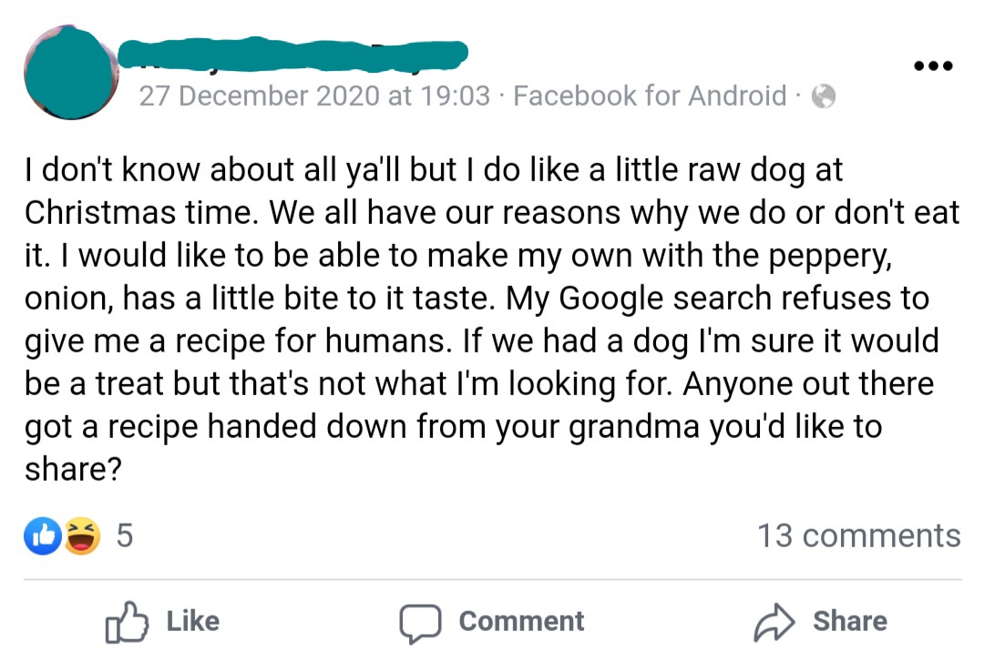 Sp00kshow1's tweet photo. @nuekerk I didn't know the raw meat sandwich threat was so close to home... 
My Mom posted this on Facebook. 
THERE'S A REASON WHY GOOGLE WON'T GIVE YOU A RECIPE MOTHER! https://t.co/xtKCjCyIMb